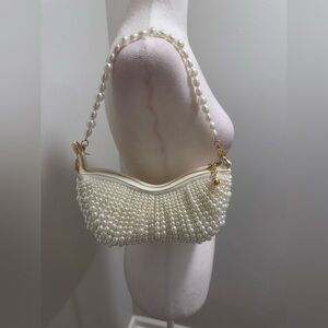 Chic Pearl-Embellished White Shoulder Bag